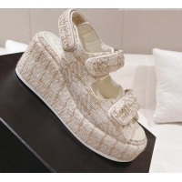 Good Quality Chanel Tweed Wedge Sandals 7.5cm White/Beige 071042