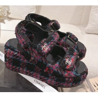 Good Looking Chanel Tweed Wedge Sandals 7.5cm Black/Multicolor 071043