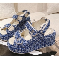 Best Grade Chanel Tweed Wedge Sandals 7.5cm Denim Blue 071044