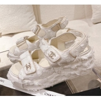 Discount Chanel Fabric Wedge Sandals 7.5cm with Fringe White 071047