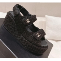 Stylish Chanel Tweed Wedge Sandals 7.5cm Black 071048