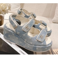 Cheap Price Chanel Destroyed Denim Wedge Sandals 7.5cm Light Blue 071049