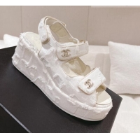 Good Quality Chanel Destroyed Canvas Wedge Sandals 7.5cm White 071050