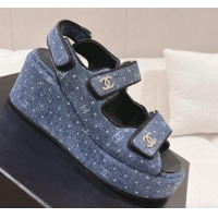 Popular Style Chanel Denim Wedge Sandals 7.5cm Blue 071053