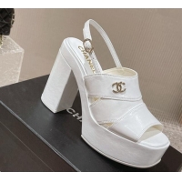 Good Quality Chanel Patent Crumpled Lambskin Sandals 9.5cm G45016 White 719056 