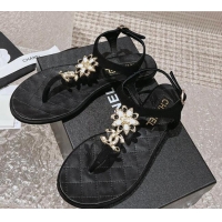 Top Grade Chanel Suede Flat Thong Sandals with Bloom Charm G45025 Black