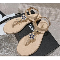 Luxury Chanel Suede Flat Thong Sandals with Bloom Charm G45025 Nude