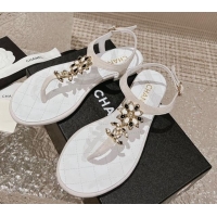 Hot Style Chanel Suede Flat Thong Sandals with Bloom Charm G45025 White