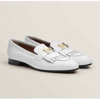 ​Top Grade Hermes Royal Fringe Lambskin Flat Loafers H30715 White Gold