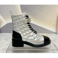 Good Quality Chanel Quilted Lambskin Combat Lace-up Ankle Boots 4cm Silver 719088