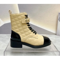 Classic Hot Chanel Quilted Lambskin Combat Lace-up Ankle Boots 4cm Beige 719091