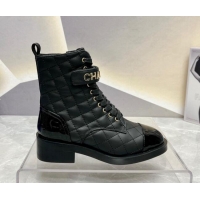 Best Grade Chanel Quilted Lambskin Combat Lace-up Ankle Boots 4cm Black 719093