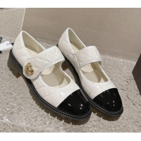 Pretty Style Chanel Quilted Lambskin & Patent Leather Mary Janes Loafers with Heart Strap 719094 White