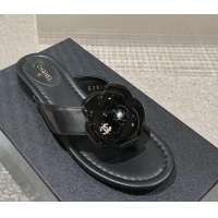 Top Grade Chanel Calfskin Camellia Flat Thong Slide Sandals Black 719100