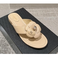 Good Quality Chanel Calfskin Camellia Flat Thong Slide Sandals Nude 719101