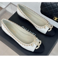 Stylish Chanel Lambskin Ballet Flat with Chain CC White 719107