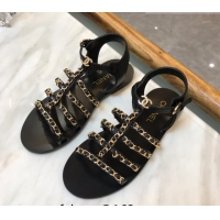 Sumptuous Chanel Lambskin Strap Flat Sandals with Chain Black 719118