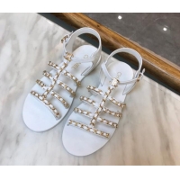 Charming Chanel Lambskin Strap Flat Sandals with Chain White 719121