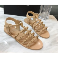 Perfect Chanel Lambskin Strap Flat Sandals with Chain Beige 719122