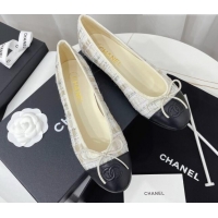 Best Grade Chanel Classic Tweed and Leather Ballerinas White/Beige/Black 724002