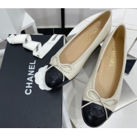 Pretty Style Chanel Classic Calfskin Flat Ballerinas Cream White/Black 724019