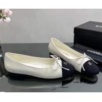 Shop Duplicate Chanel Classic Calfskin and Grosgrain Flat Ballerinas White 724020