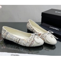 Duplicate Chanel Classic Tweed and Grosgrain Flat Ballerinas White/Beige 724024