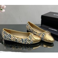 Luxury Chanel Classic Tweed and Grosgrain Flat Ballerinas Gold/Multicolor 724025