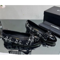 AAAAA Chanel Classic Tweed and Patent Leather Flat Ballerinas Black/White 724029