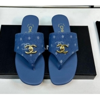 Crafted Chanel Denim Flat Slide Thong Sandals with CC Medium Blue 724040