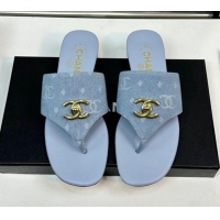 Popular Style Chanel Denim Flat Slide Thong Sandals with CC Light Blue 724041