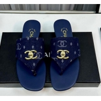 Most Popular Chanel Denim Flat Slide Thong Sandals with CC Dark Blue 724042