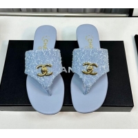 Unique Style Chanel Fringe Denim Flat Slide Thong Sandals with CC Light Blue 724044