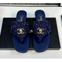 Low Price Chanel Fringe Denim Flat Slide Thong Sandals with CC Dark Blue 724045