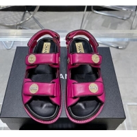 Good Quality Chanel Lambskin Flat Strap Sandals with Crystal Coin Dark Pink 724046