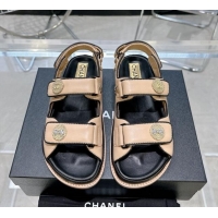 Charming Chanel Lambskin Flat Strap Sandals with Crystal Coin Nude 724047