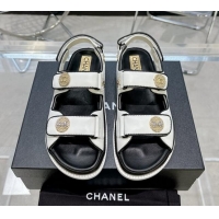 Super Quality Chanel Lambskin Flat Strap Sandals with Crystal Coin Optic White 724050