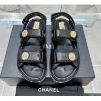 Luxury Chanel Lambskin Flat Strap Sandals with Crystal Coin Black 724051