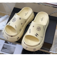 Best Price Chanel Logo Printed PVC Platform Slide Sandals 6cm White 724052