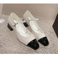 Best Grade Chanel Velvet & Patent Leather Mary Janes Pumps White/Black 728058