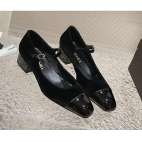 New Design Chanel Velvet & Patent Leather Mary Janes Pumps Black 728059