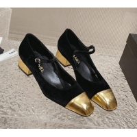 Good Product Chanel Velvet & Patent Leather Mary Janes Pumps Black/Gold 728060