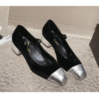 Most Popular Chanel Velvet & Patent Leather Mary Janes Pumps Black/Silver 728061