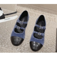 Best Price Chanel Denim & Calfskin Mary Janes Flats with Double Buckle Blue 728063