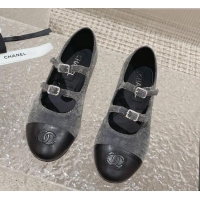 Funny Chanel Denim & Calfskin Mary Janes Flats with Double Buckle Dark Grey 728064