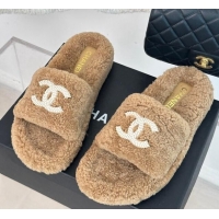 AAAAA Chanel CC Wool Flat Slide Sandals Brown 801053