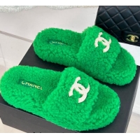 Super Quality Chanel CC Wool Flat Slide Sandals Green 801055