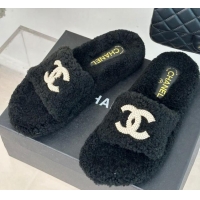 Stylish Chanel CC Wool Flat Slide Sandals Black 801056