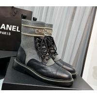 Low Price Chanel Sock Lace-up Ankle Boots in Knit and Calfskin Grey 801065