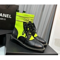 Classic Hot Chanel Sock Lace-up Ankle Boots in Knit and Calfskin Neon Green 801066